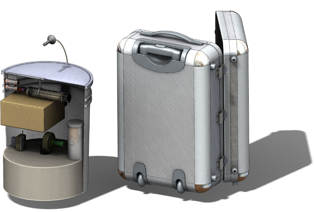 The entire device can fit inside a small suitcase.